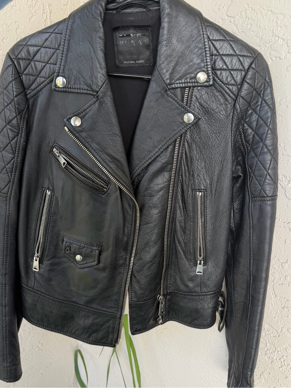 Replay Black Quilted Leather Biker Jacket